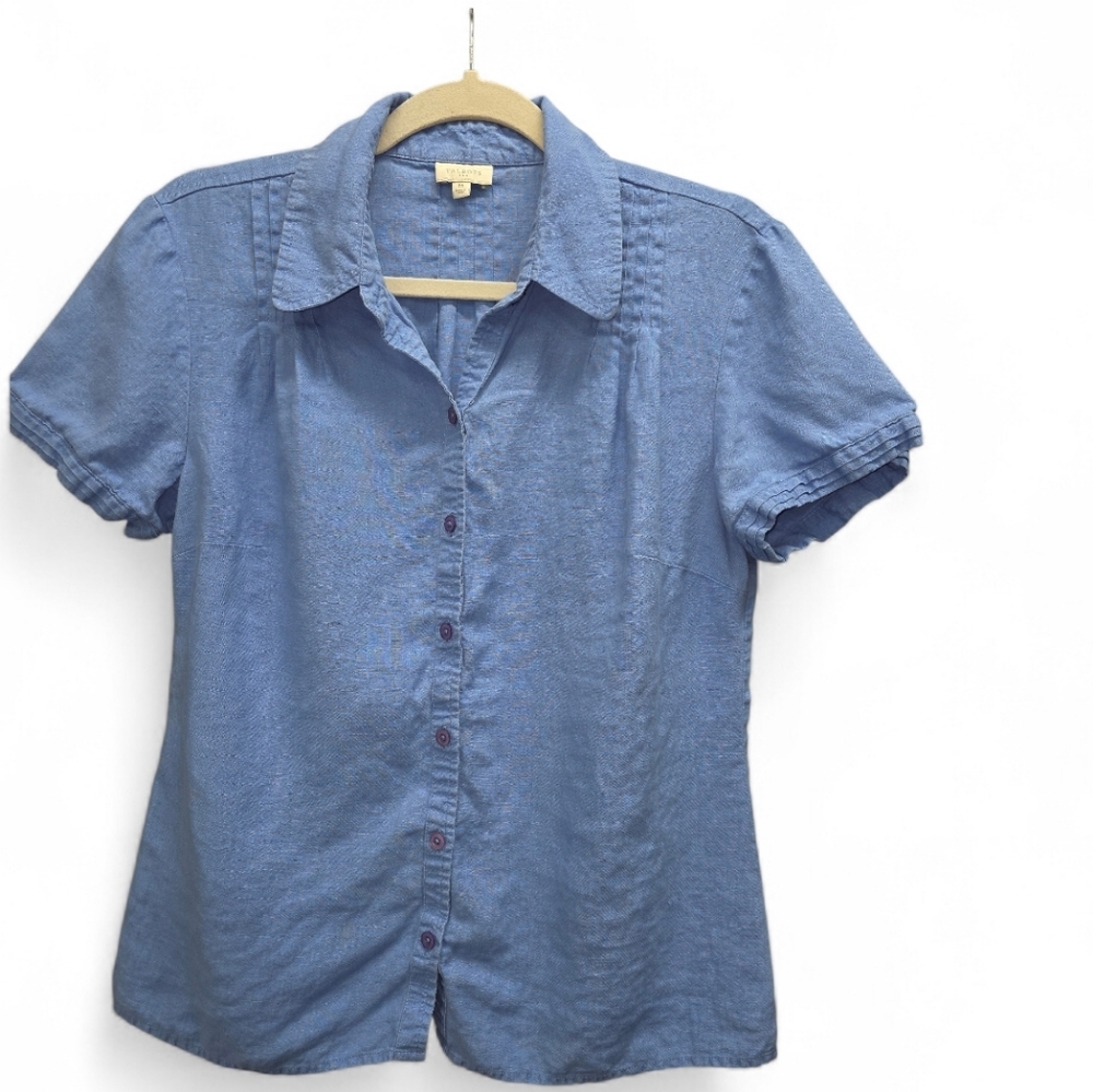 Talbots Chambray Blue Linen Button Up Pintuck Blouse‎ Medium Coastal Preppy Chic